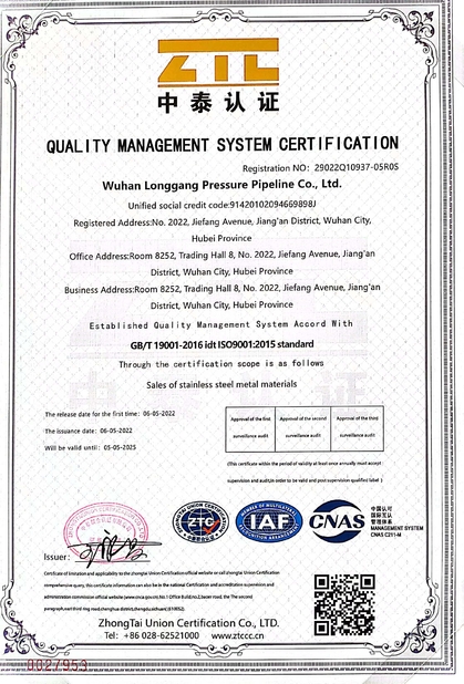 China Wuhan Longgang Pressure Pipeline Co., Ltd. certificaten